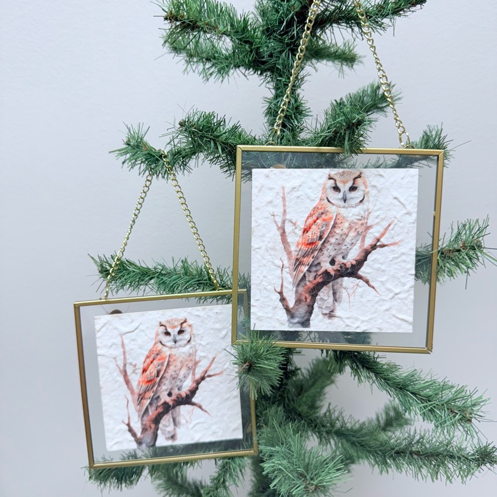 New! Set of 2 White Owl On a Branch Hanging Framed 4.5” square